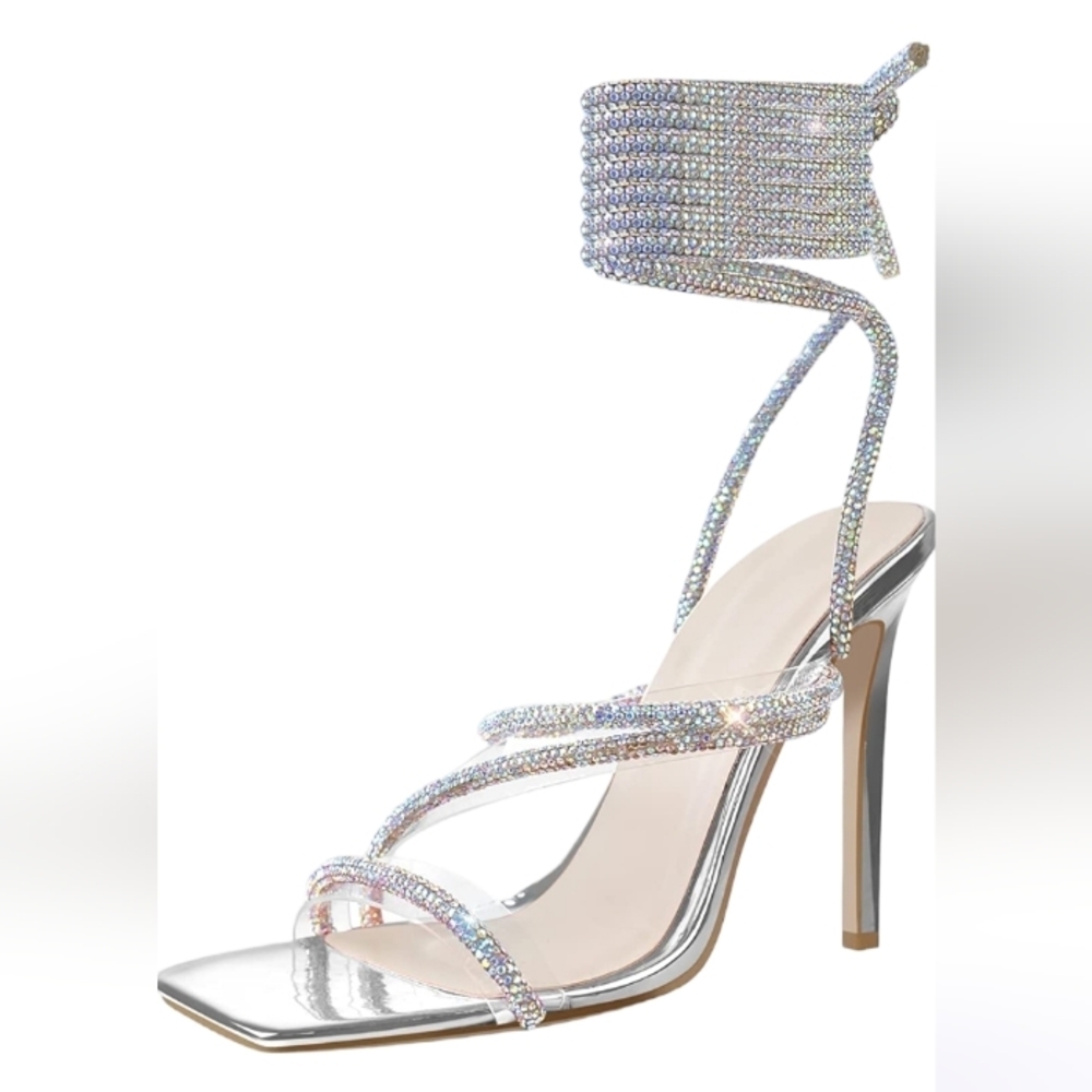 Women's Sparkly Clear Lace Up Ankle Strap open toe High Heel Sandals